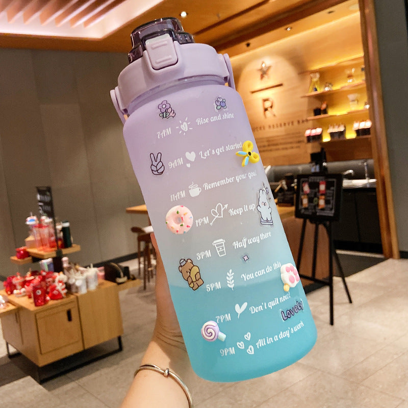 Stickers Water Bottle With Straw 2000Ml Cute Portable Scale Bottle