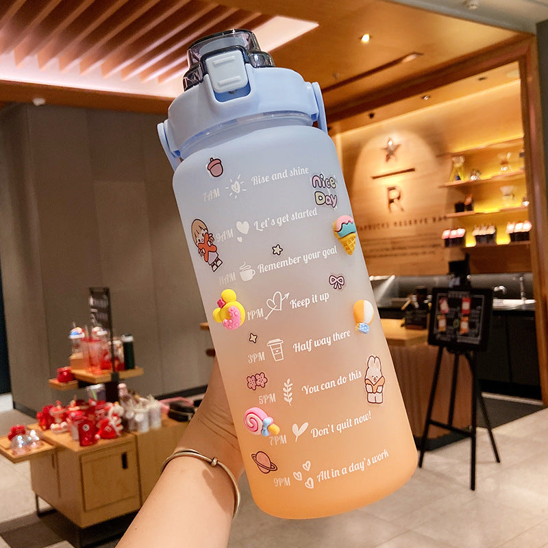 Stickers Water Bottle With Straw 2000Ml Cute Portable Scale Bottle