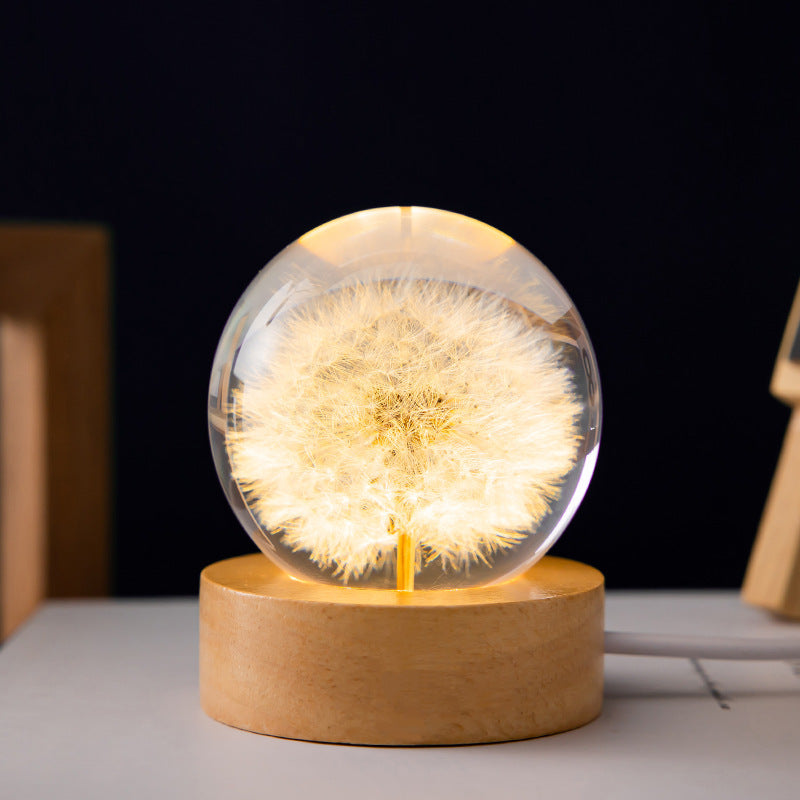 Luminous 3D Dandelion Crystal Ball Beech Wood Stand Base Preserved Flower Sphere Ball Desk