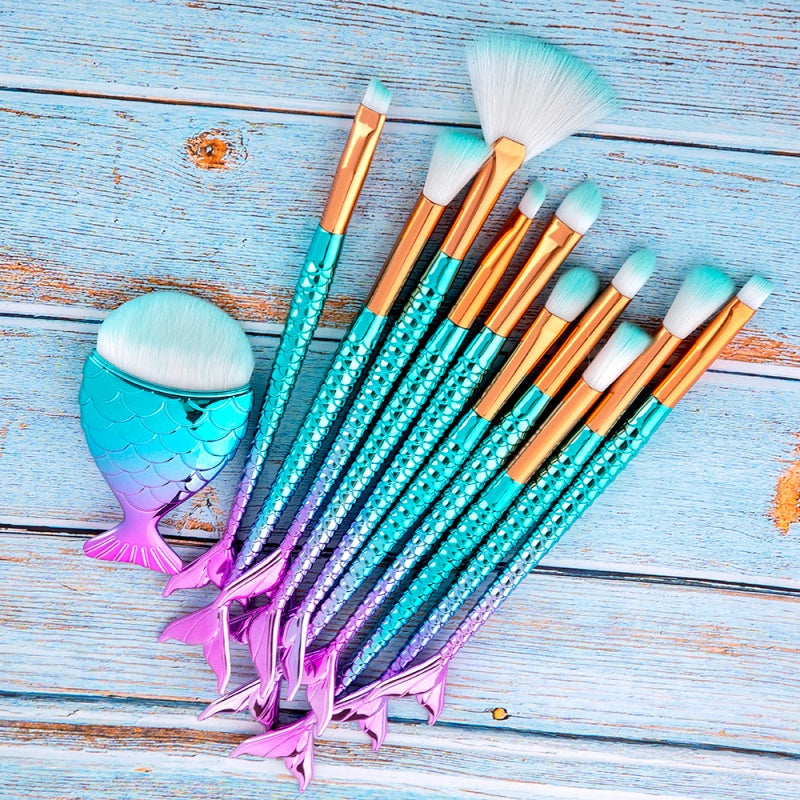 11Pcs Makeup Brushes Kit Maquiagem Maquillaje Mermaid Foundation Eyebrow Eyeliner Cosmetic