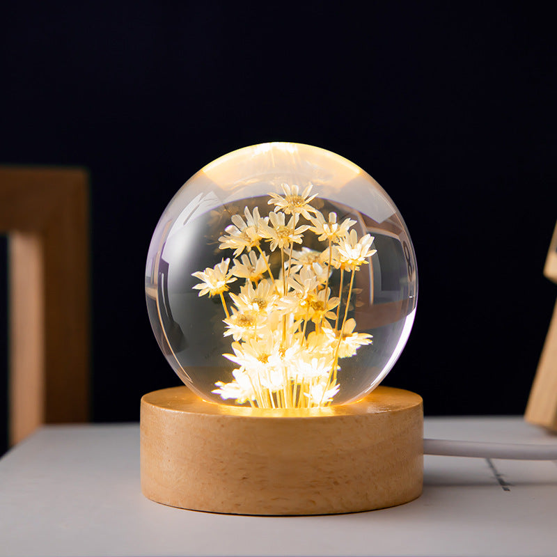 Luminous 3D Dandelion Crystal Ball Beech Wood Stand Base Preserved Flower Sphere Ball Desk