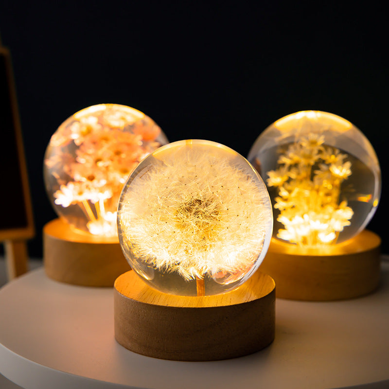 Luminous 3D Dandelion Crystal Ball Beech Wood Stand Base Preserved Flower Sphere Ball Desk