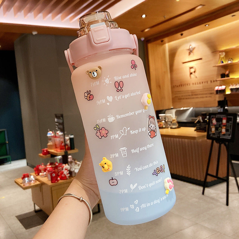 Stickers Water Bottle With Straw 2000Ml Cute Portable Scale Bottle