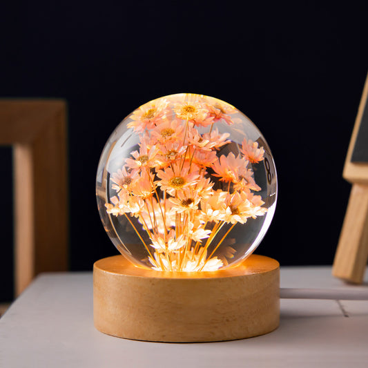 Luminous 3D Dandelion Crystal Ball Beech Wood Stand Base Preserved Flower Sphere Ball Desk