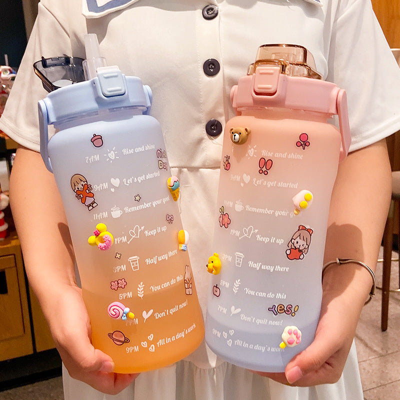 Stickers Water Bottle With Straw 2000Ml Cute Portable Scale Bottle