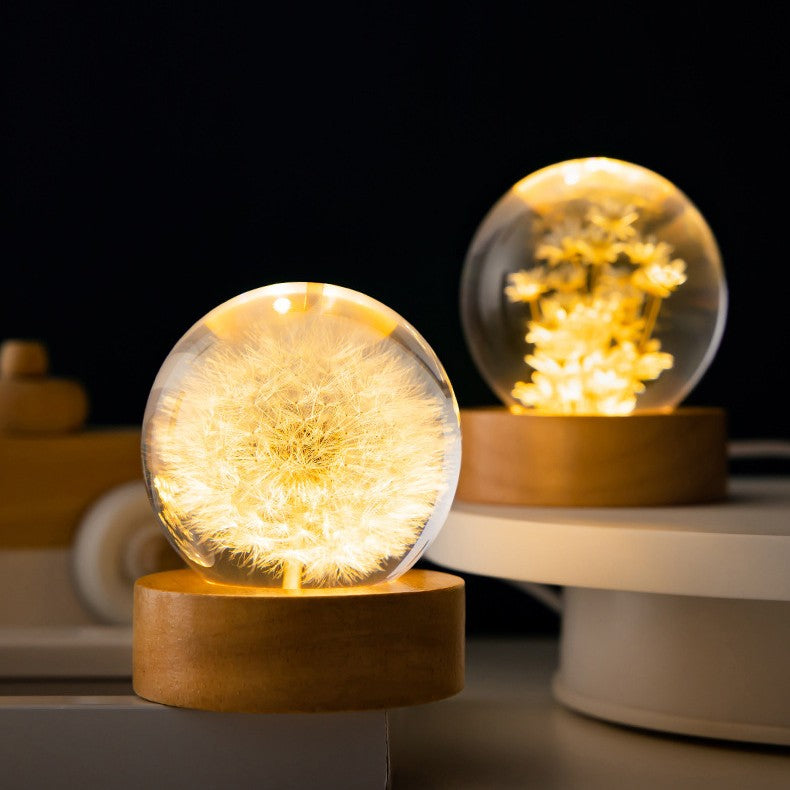 Luminous 3D Dandelion Crystal Ball Beech Wood Stand Base Preserved Flower Sphere Ball Desk